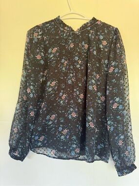 LOFT Black Floral Sheer Long-Sleeve Blouse